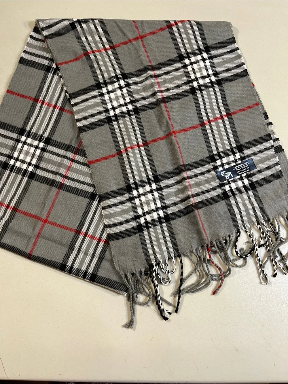 Gray Plaid Men's Scarf with Red Windowpane Accent